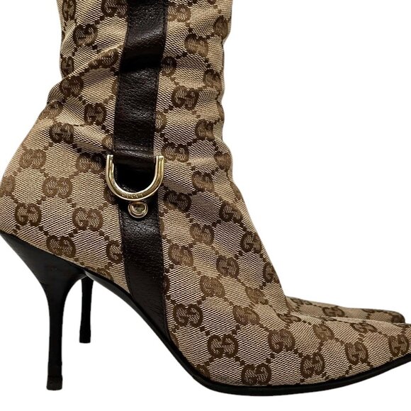 GUCCI Vintage GG Monogram Long Boots #36-37 Heels Zip Beige Brown [104064] - Picture 6 of 12